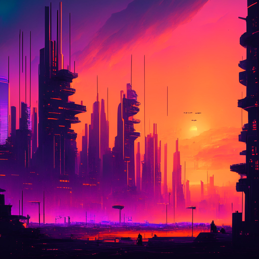 A vibrant, futuristic cityscape at sunset, reflecting Oman's transformation journey into the digital realm. In the center, a grand, tech-inspired mining facility glowing with lights, symbolic of blockchain mastery. The sky painted in hues of oranges and purples, indicating a dynamic change. A crowd gathering, signifying education and collaboration. Artistic style: Cyberpunk. Mood: Hopeful, Transformative.