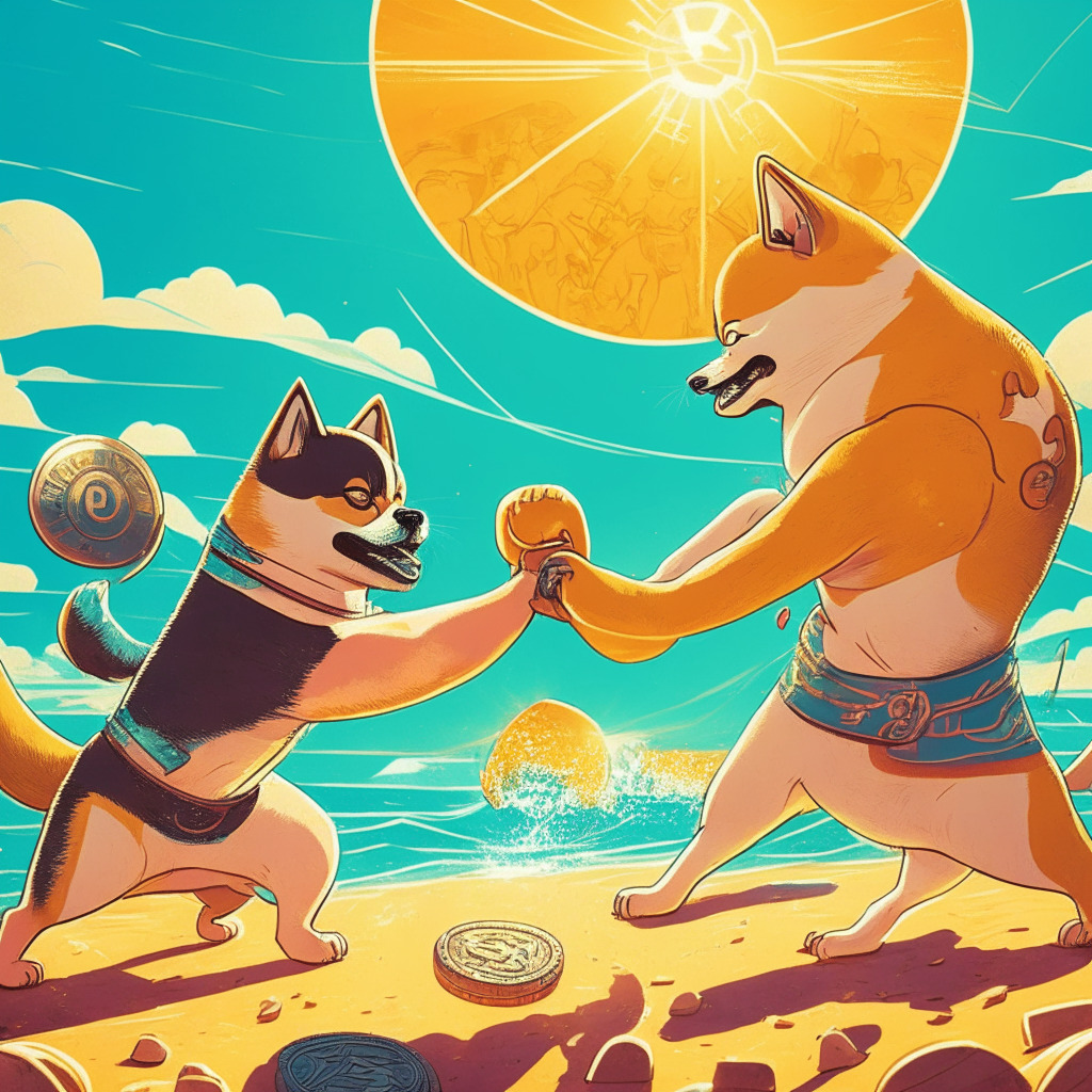 A quaint pugilistic scene takes centre stage, a Shiba Inu dog and a stylized 'coin', engaged in a friendly tug-of-war under a warm summer sun. The backdrop is split into two contrasting parts: one side with futuristic Ethereum symbols and vibrant colors capturing the essence of 'Onchain Summer', the other, a more neutrally-toned Shibarium setting showcasing ongoing digital endeavors. Contrasting whimsical and functional styles, the image is accentuated with playful shadows and thought-provoking highlights, manifesting underlying nuances of mimicry and rivalry. Warm, sunlit tones bathe the fun, competitive atmosphere making a subtle nod towards Crypto World's summertime activities.