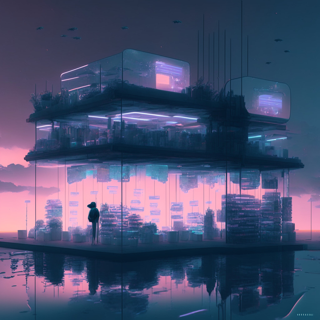 A futuristic digital marketplace bathed in gentle twilight hues, with various NFT artworks displayed on ethereal stands. The atmosphere is thoughtful, almost somber, reflecting the complex tension between freedom for creators and a decentralized future. An abstract representation of a dissolved 'Operator Filter' is seen, emblematic of change in the ecosystem. Amid the floating NFTs, a subtly glowing balance scale symbolizes the constant quest for fairness. The art style is surreal yet sharply detailed, echoing the high-tech, innovative nature of the blockchain future.