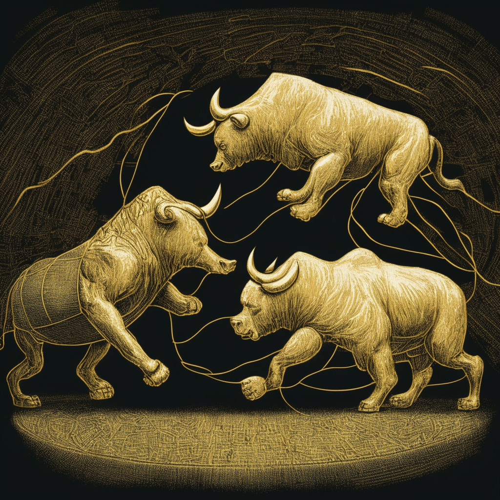 Charging bull in golden gleam and bear in shadowy grey having a tug of war, symbolizing the tension and disagreement over Bitcoin's price support. Background filled with a detailed crypto exchange in a muted color to imply skepticism. Overall, the design should subtly radiate an aura of uncertainty and anticipation with elements beautifully rendered in a Van Gogh-esque swirl style. The light should be dim but focused on the victorious bull, implying overconfidence among Bitcoin bulls.