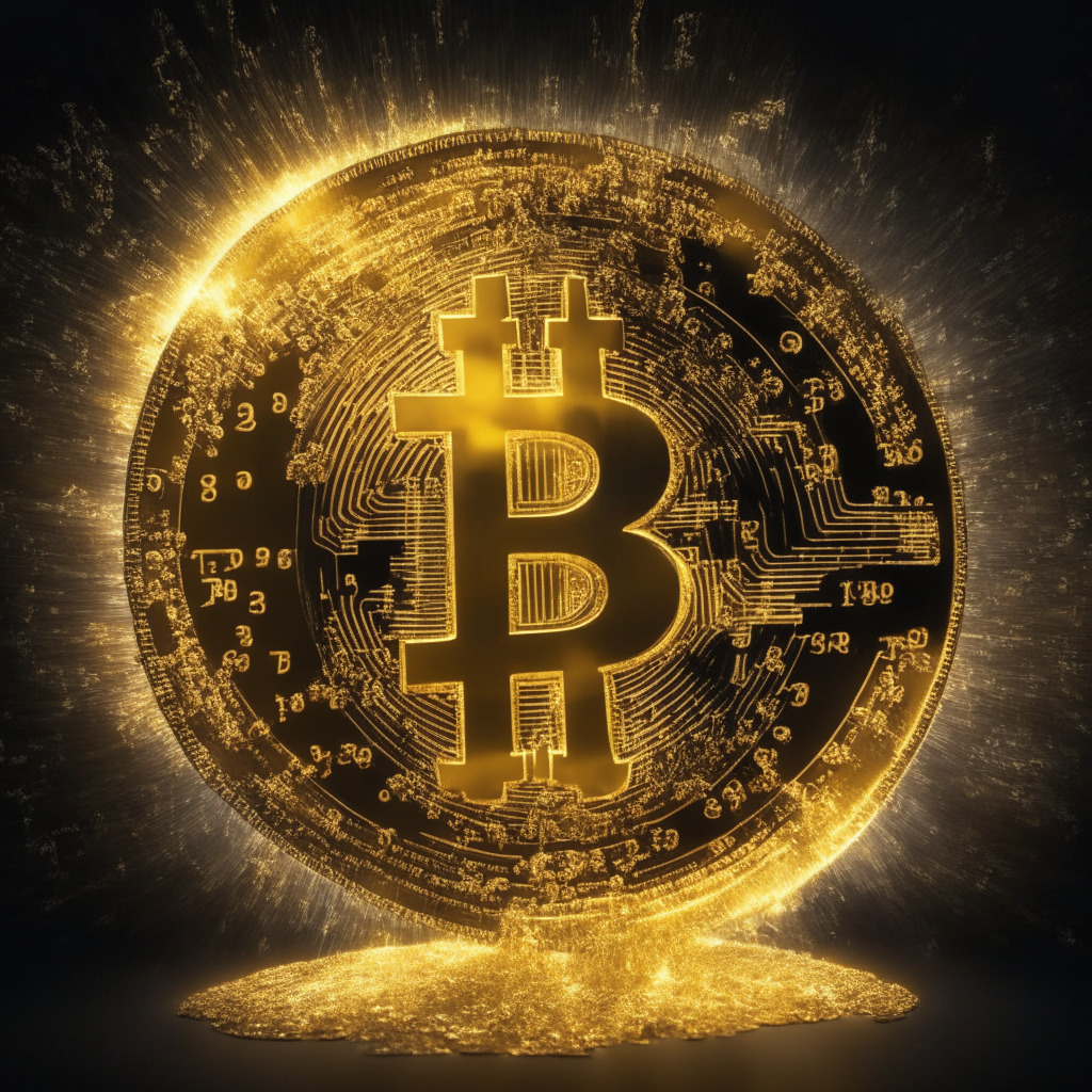 A glossy cryptocurrency coin symbolizing Bitcoin, glowing with gold and framed by a shimmering aureole reflecting potential fortune. The background showcases an expressive dance of numbers and calculations, evoking a scene from a multi-trillion dollar market. An atmosphere filled with high contrast of optimism and uncertainty. A precarious stepping stone positioned delicately above a surging wave, conveying high-risk potential. Fluttering financial paperwork and regulatory documents hint at the legalities surrounding Bitcoin, lending texture to the image. A stylized group of figures extends toward the coin, a representation of diverse global investors. The contrasting lighting setting suggests a future untangling itself slowly - warm sunrise on the coin, twilight shadows on the figures.