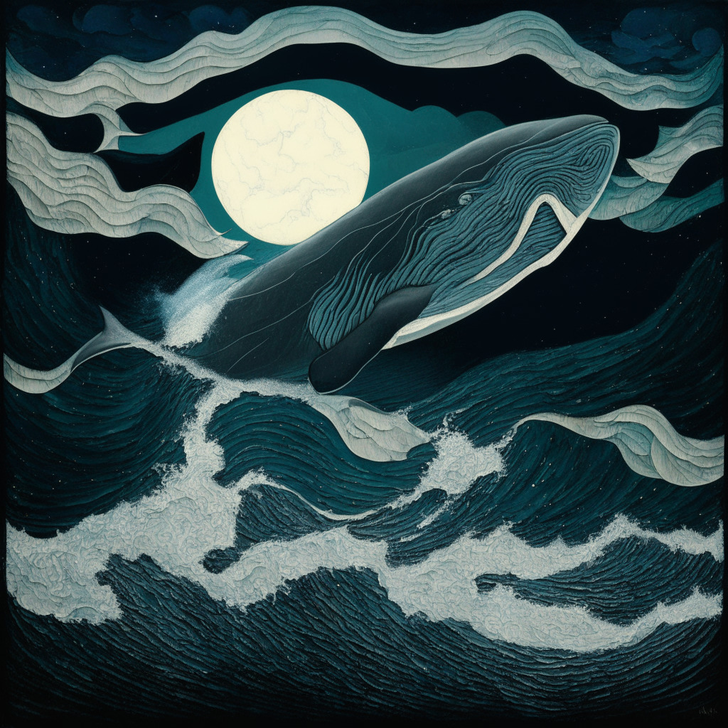 A turbulent sea under a stormy sky, illuminated by the MOON's faint, ethereal glow. Large, imposing whale (representative of PEPE token holder) confidently navigating tumultuous waves, metaphorically depicting the volatile marketplace. Depict in a Cubist style, creating a sense of unease and chaos reflective of the uncertain market conditions. Overall mood: mysterious and dramatic.