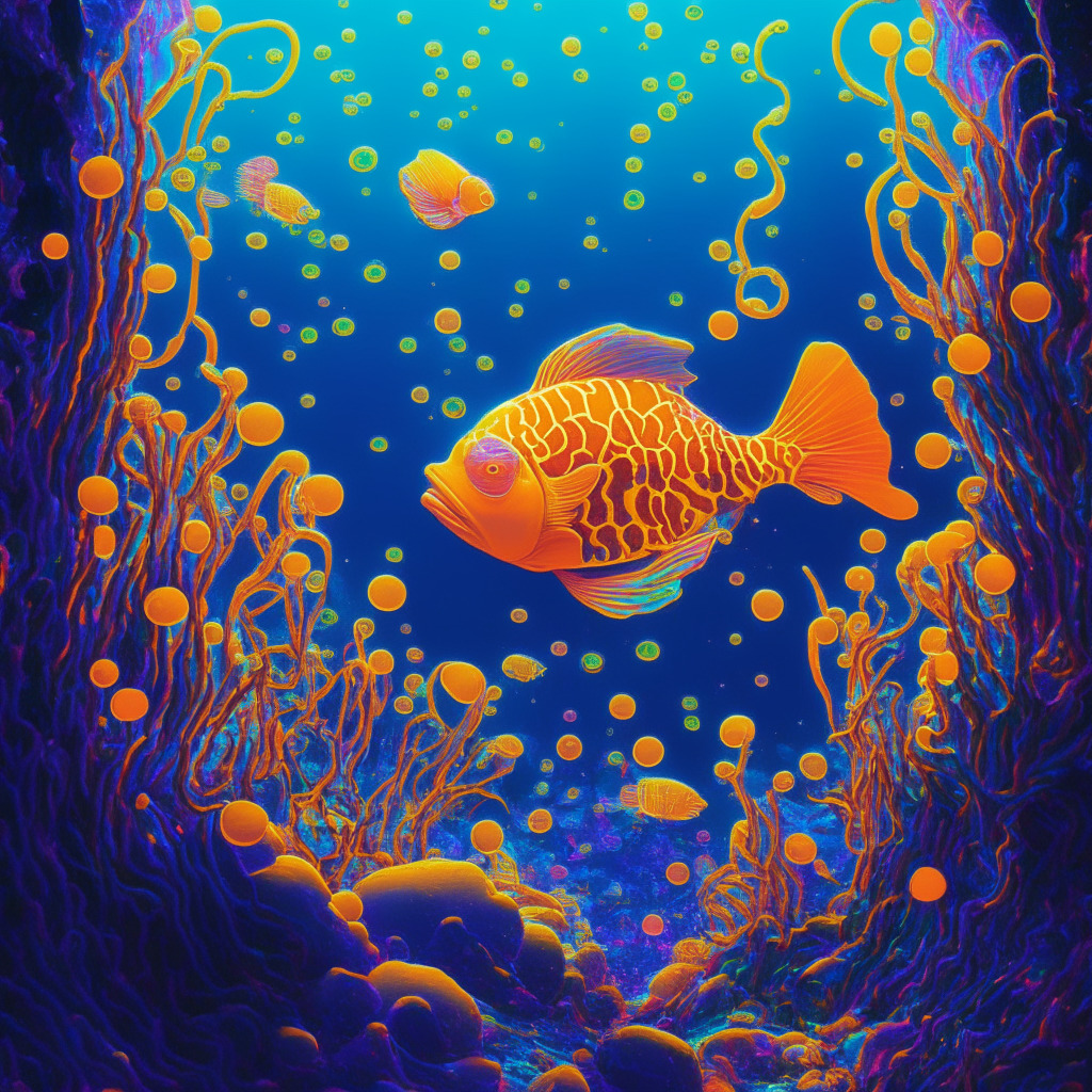 A vibrant, psychedelic-style scene depicting cryptos as sea creatures thriving in the deep ocean of financial markets, Bathed in an ethereal neon glow, highlighting their unpredictable nature. A clownfish, symbolizing the PONZI coin, embarks on a steep upward journey. Nearby, another creature embodying Wall Street Memes gleams with an unmistakable golden shine, its attention caught by a shiny coin. In the background, vague, towering shadows evoke the monumental Wall Street institutions, creating a mysterious and speculative mood.
