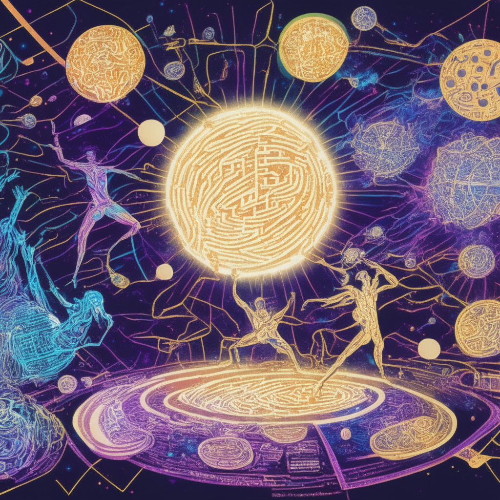Dramatic scene of a universe of interconnected planets representing various blockchain platforms, a grand PancakeSwap v3 banner flowing across, Symbolic, line-art sketch of Ethereum and Linea in a dynamic dance, Vibrant hues indicating activities and stimulated trade, Byzantine-style coding substrates depict zero-knowledge proofs and EVM computing, triumphant light celebrating the launch, contrasted with sporadic, ominous dark blemishes depicting market risks.
