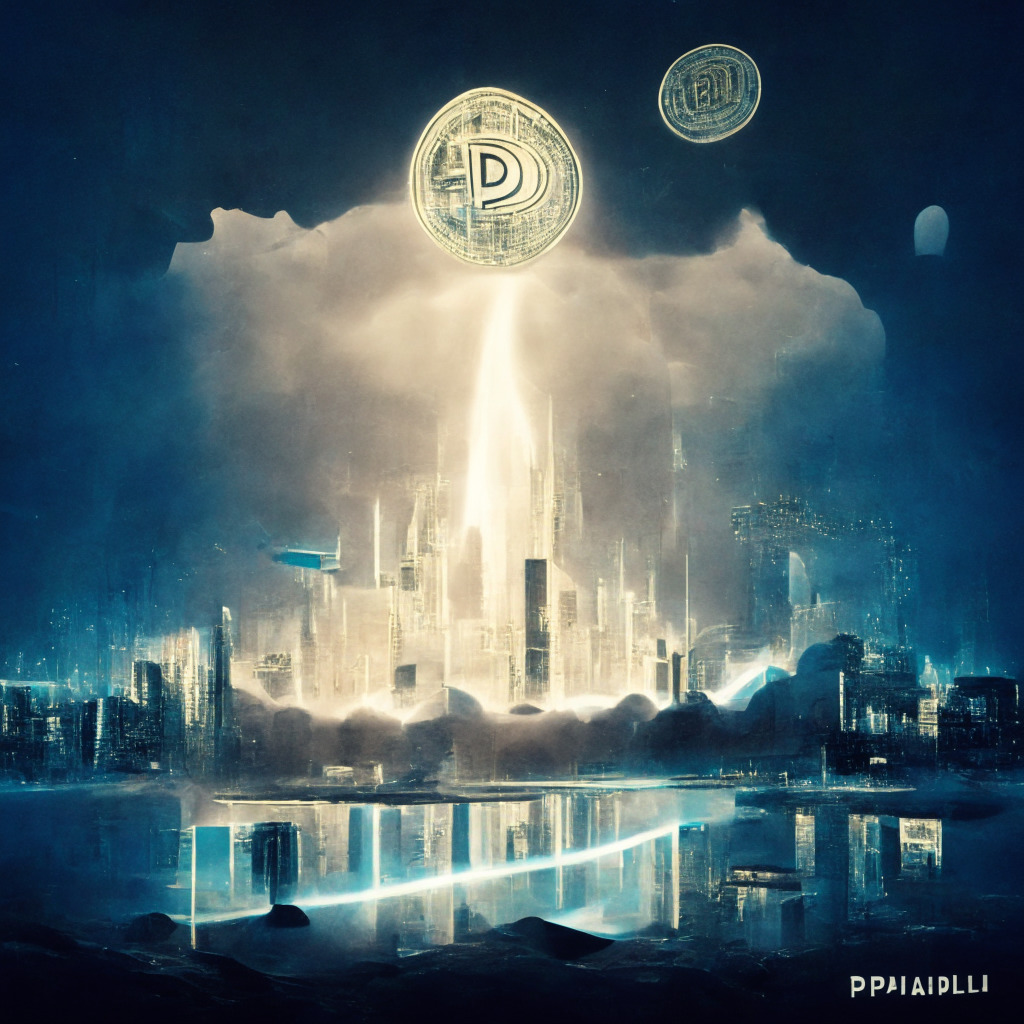 A reimagined currency landscape featuring a digital coin hinged to a physical dollar bill, a majestic glow revealing PayPalUSD in mid-air. In the background, an ambiguous mix of jubilant and skeptical faces symbolizing excitement and challenges in embracing the decentralized currency revolution. Ethereal mist symbolizes the uncertainties and the dynamic nature of blockchain, enveloping a futuristic cityscape.