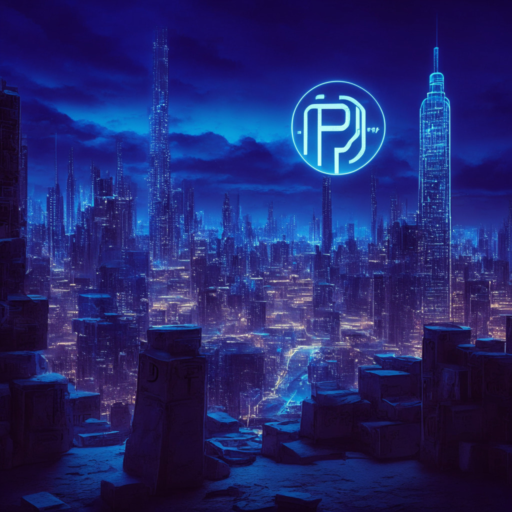 A futuristic cityscape illuminated with neon lights, representing the traditional financial market. In the foreground, an Ethereum coin subtly morphs into a stablecoin with the letter 'P', signifying PayPal's entry into the crypto space. The scenery is engulfed in a suspenseful, almost twilight ambience, hinting at the evolving regulatory landscape and questioning the paradox of centralized decentralization.