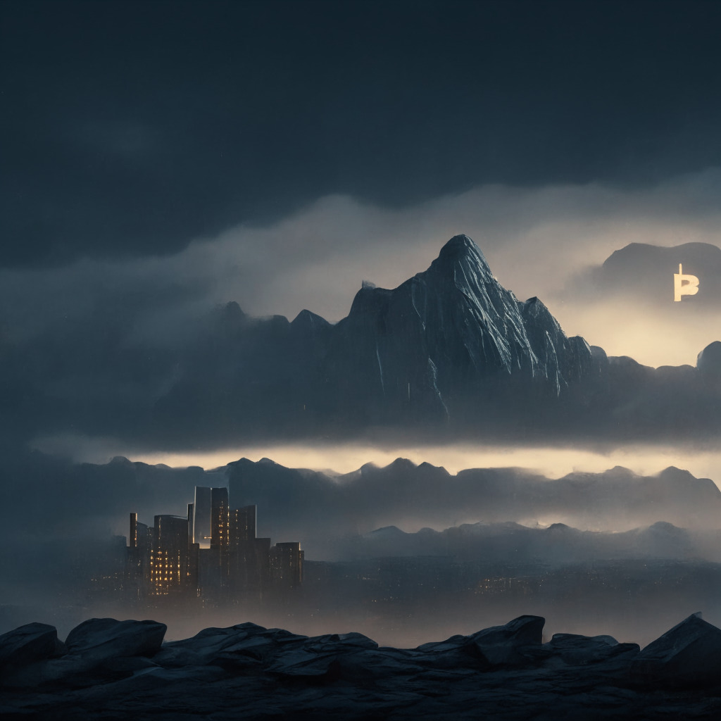 A gloomy scene set in dusk lighting, a deserted and heavy-clouded financial cityscape showing high-tech buildings shaped like Bitcoin symbols. In the distance, a dormant, imposing mountain shaped like the PayPal logo, its peak obscured by uncertainty clouds. A solitary investor, personifying intrigue & uncertainty, overlooks the scene, poised on a peak. The General atmosphere smacks of anticipation and unease, depicted in an abstract modern art style.