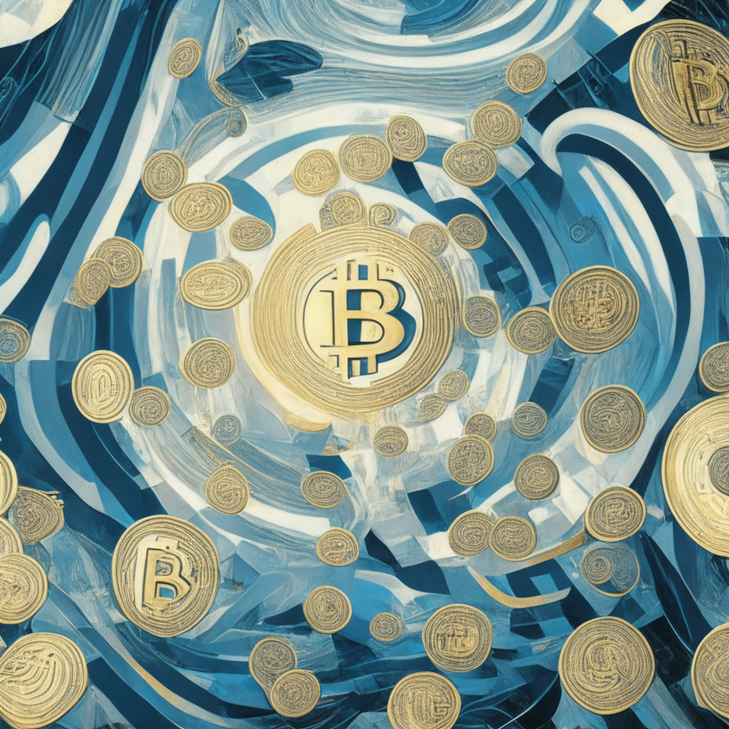 A digital landscape twirling with cryptocurrencies whirling around a central hub, in Picasso's Cubism style. Various translucent coins, depicting Bitcoin, Ethereum, floating amidst swirls of gold and silver amidst the hub. Affluence beams from the hub but with a tinge of trepidation. Render the scene in cool blues and grays indicating ambiguity and intrigue, with contrasting warm light symbolizing optimism and prosperity.