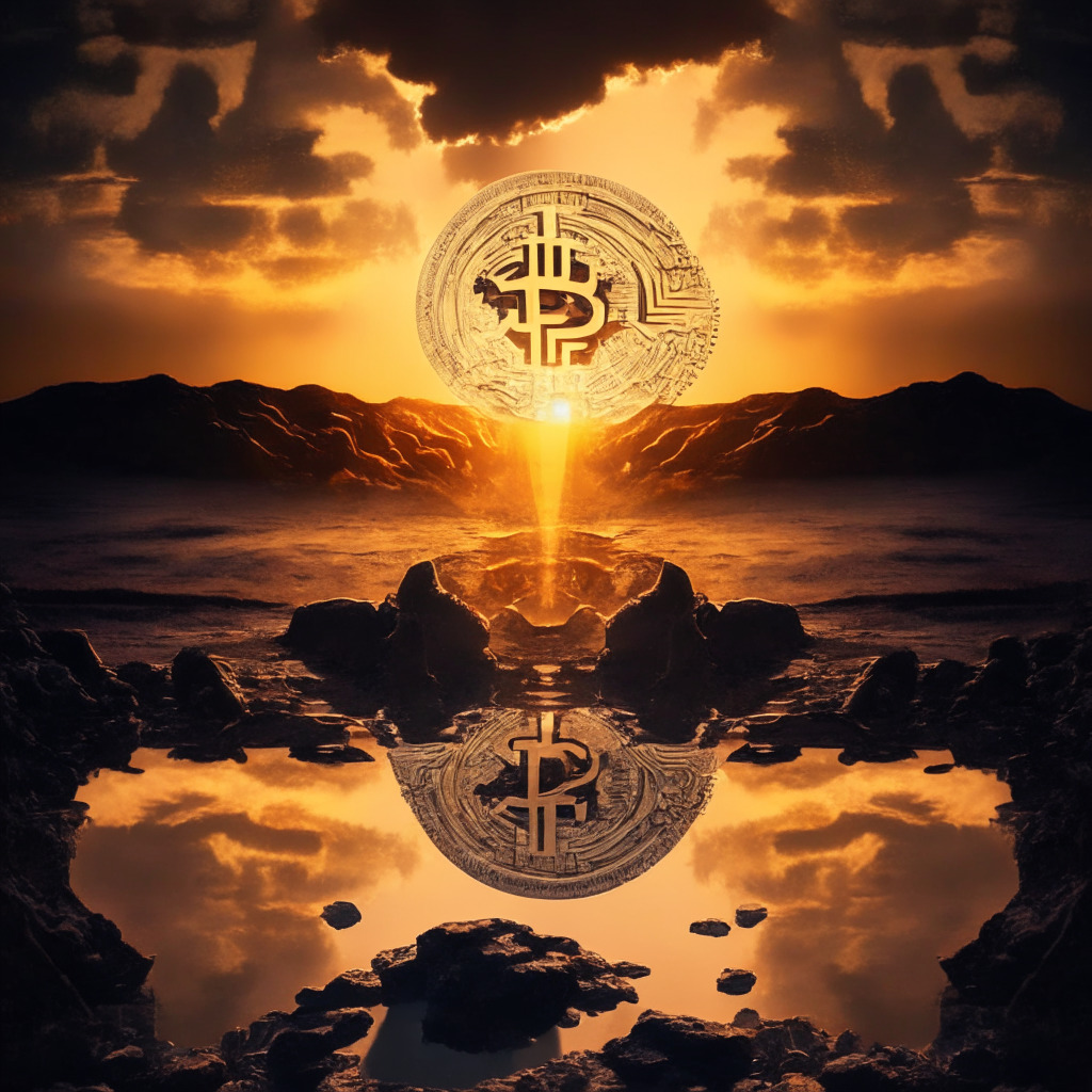 An ethereal image of a coin forming into two halves, one symbolizing tech-based crypto, another money-driven crypto. The setting is a dramatic sunset over a vast cryptocurrency landscape. Artistic style is symbolic realism with a chiaroscuro light setting. Mood is grand, tumultuous, signifying the dichotomy within the crypto world and its impending future.