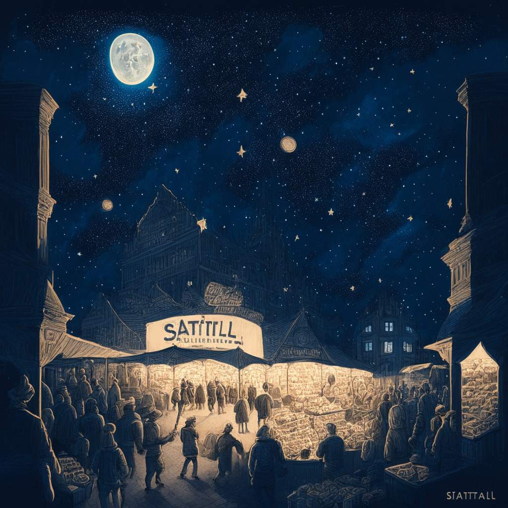 An immaculately detailed illustration of a vast, dimly-lit marketplace under the starry night sky; a mixed mood of anticipation and indifference fills the air. In the center, a large scaled-down representation of PayPal confidently steps onto the scene holding a shiny, new stablecoin. The majority of market traders around maintain a stoic expression, unmistakably hinting at their unflinching stance amidst this development. In the far corner, the understated figure of Bitstamp quietly amasses capital pushing through a sea of traders under the soft glow of moonlight. An Ethereum logo subtly anchors the PayPal stablecoin, demonstrating its connection. Each character in this scene is rendered in an artistic realism style, accentuating the seriousness of the cryptocurrency markets and the complex emotions present.