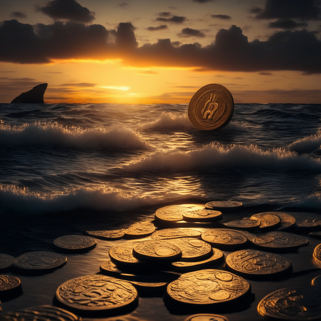 A late sunset over a calm seascape, waves softly embracing intertwined giant coins symbolizing diverse cryptos, spinning in poised harmony. In the foreground, a giant coin inscribed 'PYUSD', casting a soft glow on the scene, with smaller coins 'SHIB', 'DOGE', subtly dimmed in comparison. A braille of moody monochrome with gold accents, capturing the mix of indifference and wary optimism in the crypto world.