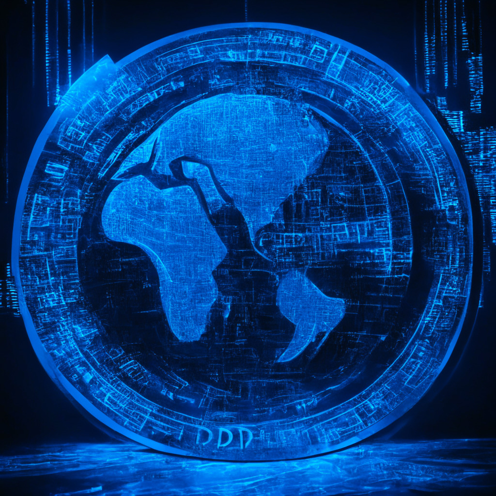 Stylized digital art portrayal of an abstract PayPal coin marked with 'PYUSD', set against a blockchain network backdrop, Futuristic blue lighting, Achieving a mood that evokes change and innovation, Show a world map indicating global reach, No embodiment of banks or intermediaries, Metallic and bold texture as a symbol of stability, Highlight upcoming dawn signaling the arrival of a new era in finance.