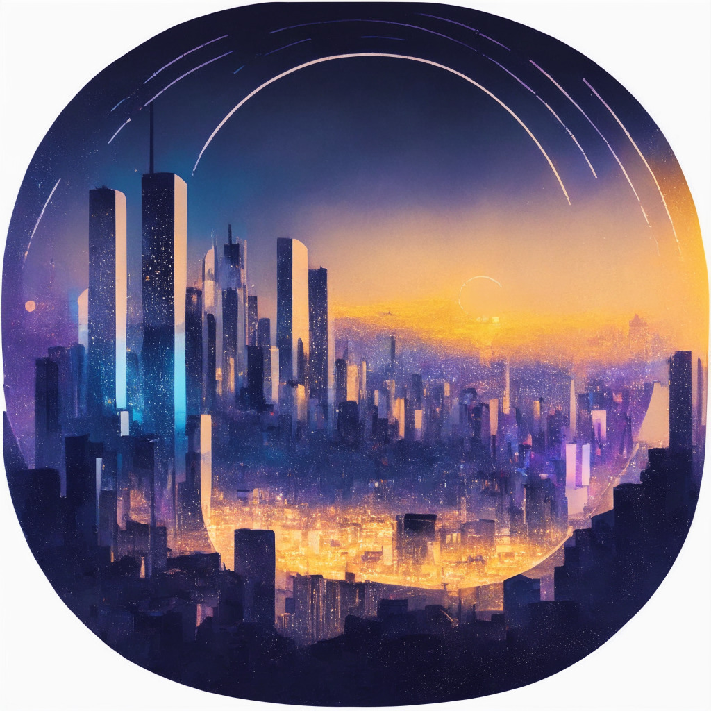 Dawn breaking over a cityscape infused with Impressionist hues, representing optimism in the cryptocurrency circles. Highlight a sleek, modern item symbolizing PayPal's new stablecoin, PYUSD. Depict alternative paths marked by potential competition, representing the many obstacles. Add digital 'fireflies', symbolizing high-interest digital currencies. Set in a calm yet uncertain atmosphere, reflecting regulatory uncertainties.