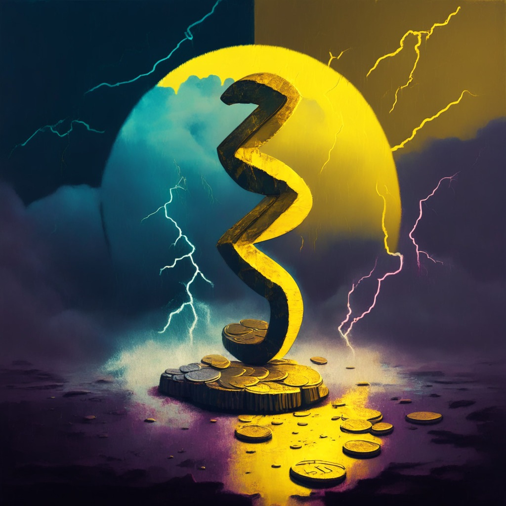 A digital painting of two contrasting coins, cast in muted gold and vibrant neon hues symbolizing stability and satire respectively, standing tall on the stormy landscape of the crypto market. Light from an unseen source casts long, dramatic shadows. Artistic style can be traditional with a surrealist twist, reflecting the chaotic and abstract nature of the market. The mood is anticipation and caution.