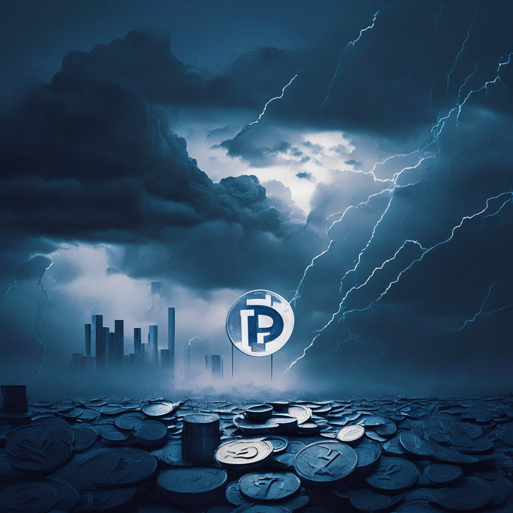 An abstract financial battlefield under a dramatic, dusky sky, illuminated by a soft light. PayPal's novel token PYUSD must navigate amidst powerful, towering coins representing USDT and USDC. Tinged with uncertainty, in muted shades of blue and gray. Center in the distance, a faint glimmer of hope symbolizes potential growth, adding an optimistic contrast.