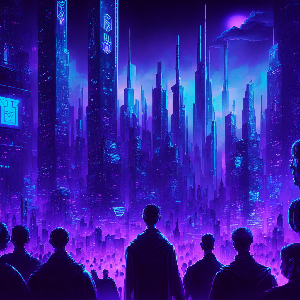 A futuristic cityscape at twilight, skyscrapers embedded with glowing neon cryptocurrency symbols, a dominant, luminously orbiting stablecoin symbol in the sky. A diverse crowd watches in captivation, illustrating an inclusive yet vigilant crypto community. The image has a cyberpunk ambiance with intense blue and purple hues, exuding a sense of anticipation, discovery, and revolution.