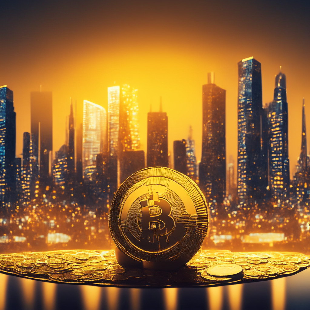 A dusk cityscape depicting the abstract concept of digital payments. In the foreground, a large, luminous coin, representative of PayPal's US dollar-backed stablecoin, sits atop a gilded financial titan. Below, numerous tiny coins signify a bustling market of crypto trading. The light setting is a warm gold, reflecting the prosperous ambition of the venture. The style channels futuristic surrealism, embodying the blend of finance and modern technology. The mood captures a sense of anticipation and curiosity, echoing the uncertainty of this venture's outcome in the stablecoin market.