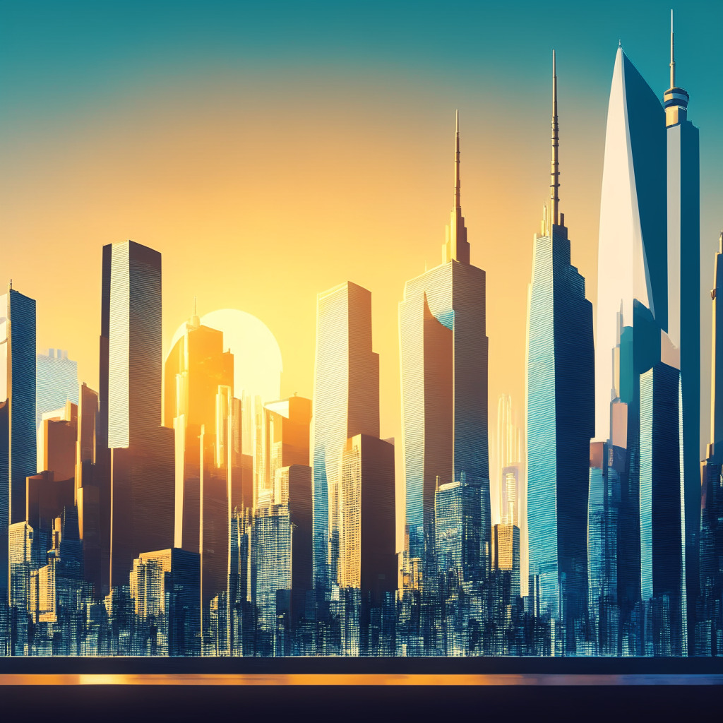 A digital representation of a financial world skyline in a warm, early morning light. Sky-scraping buildings, stand as metaphors for PayPal and Binance, the foreground building emanates vibrant energy, symbolizing PayPal's new launch, PYUSD. The outlook is a diverse cityscape with multiple buildings of varying heights looming in the backdrop, representing the competitive crypto market. Illustrate a visible tension in the atmosphere, hinting at the dramatic shift in crypto dynamics. The artistic style should be futuristic but with a sense of realism.