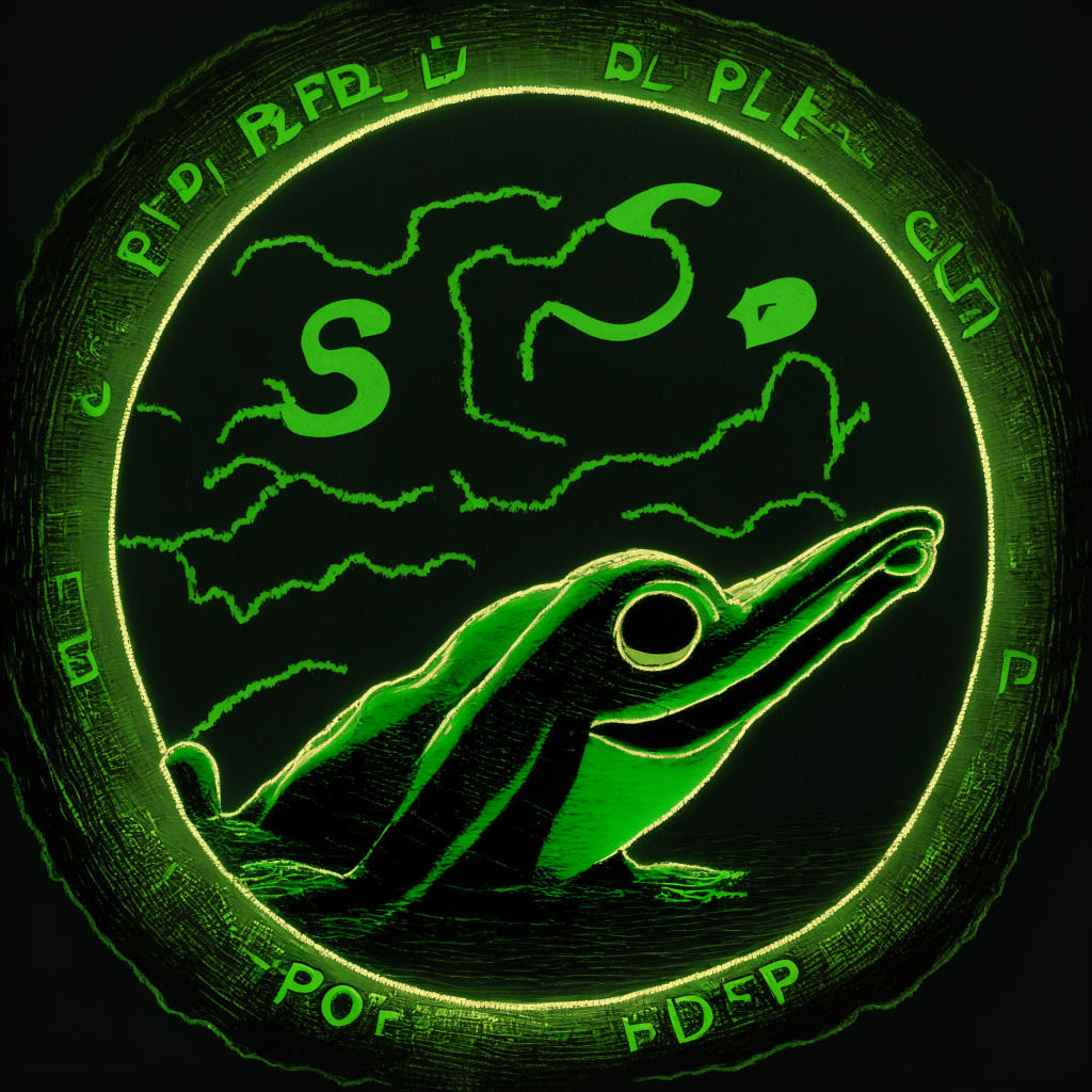 A rollercoaster ride of Pepe coin volatility in the tumultuous cryptocurrency market. Picture the saw-toothed line of price fluctuations, a dominant green frog symbol representing Pepe Coin amidst it, shown in a dusky light that conveys an eerie suspense. There's a shadow of a whale, an emblem of large investors, subtly in the background. Atmosphere of uncertain anticipation echoes throughout.