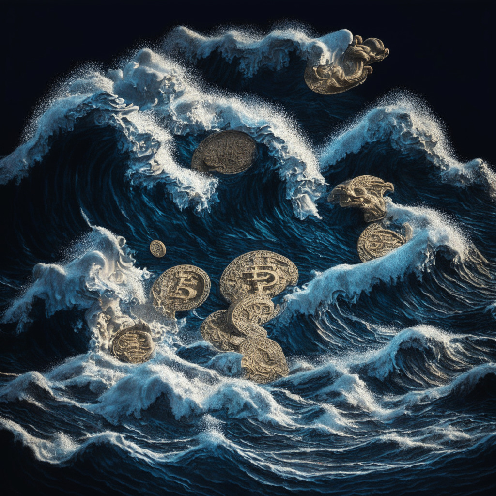 A digital art scene depicting tumultuous waves on a cryptocurrency sea, each wave uniquely bearing the embossed form of the iconic meme-Pepe Coin. Their heights reflect the fluctuating market value in a detailed baroque style with a chiaroscuro lighting. Emanates suspense, chaos, uncertainty yet a glimmer of hope - symbolizing the coin's unexpected plunge and potential recovery. At a distance, a new wave, representing the Wall Street Memes token, rises promisingly under a spotlight, suggesting it as a potential challenger. The overall mood is dramatic, evocative, symbolizing the volatile yet thriving meme coin market.
