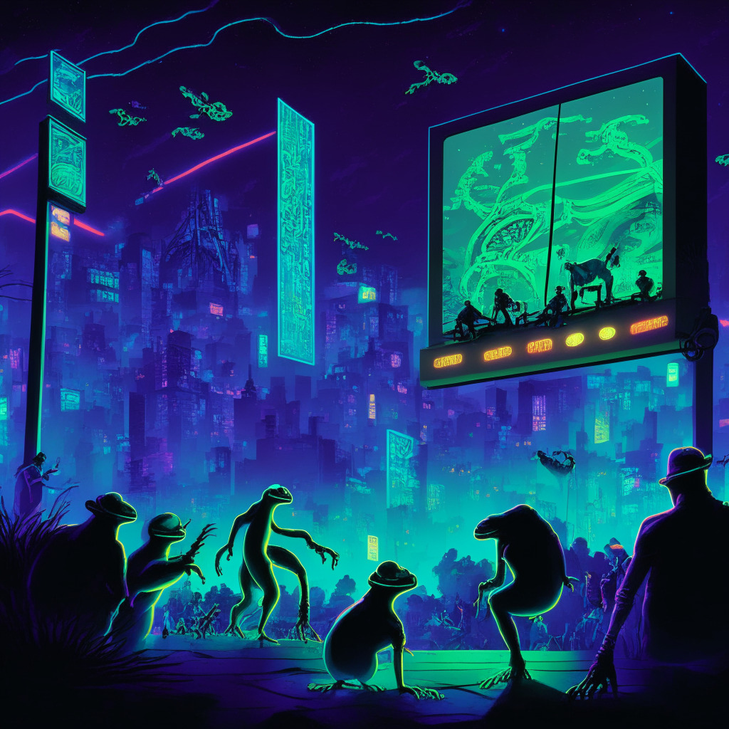 A nocturnal scene evoking a sense of curiosity and prosperity; a digital world teeming with vibrant neon billboards, showcasing the journey of a dynamic, frog-themed coin buoyantly leaping up a graph of exponential growth. In the foreground, silhouettes of unseen stakeholders play the speculative crypto game. Under the artificial lights, the coin's ascent exudes an aura of inevitability, contrasted by distant, stormy clouds representing high-stakes risks. The entire scene is painted in daring strokes of synthwave aesthetics, a nod to the speculative nature of the crypto world.