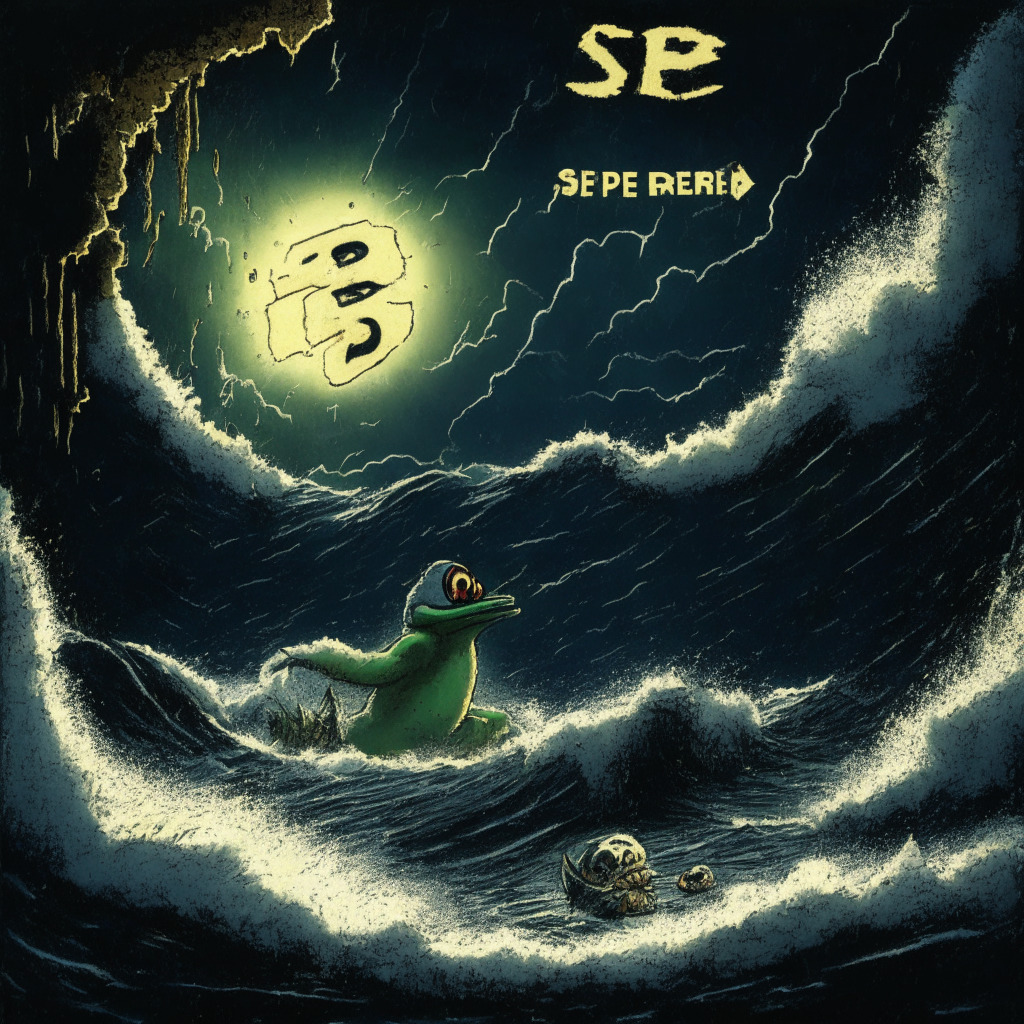A dark, stormy crypto market scene with a sinking coin inscribed 'PEPE' demonstrating the financial turmoil. The token plunges toward a zero mark through tumultuous waves, reflecting the falling price, bearish divergence. Suddenly a bright, rising comet marked 'SONIK' streaks up against the market turmoil, exuding optimism. The background subtly hints at Sonic the Hedgehog theme, paying homage to the Sonik coin inspiration. Mood: Dramatic contrast between despair and hope.