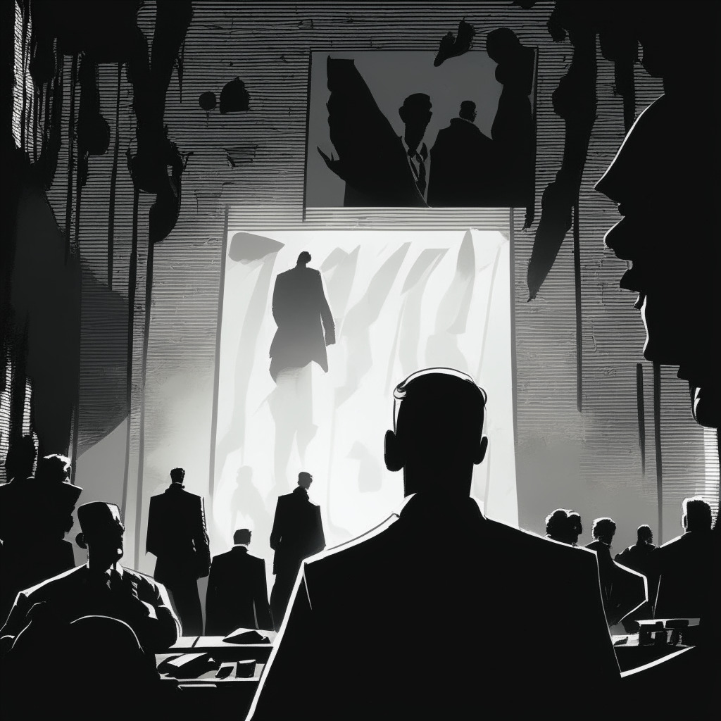 Dramatic courtroom scene, a shocked crowd silhouetted against a large screen displaying falling graphs of digital coins. Shadowy figures in the foreground whispering with intrigue. Depicted in noir comic book style with strong contrasts and sharp lines. The light is mysterious and somber, hinting at secrets and questionable dealings. Mood: suspenseful, uneasy.