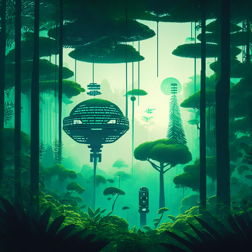 A verdant rainforest scene imbibed with elements of transparency, thick trees symbolising carbon reduction projects with diminutive figures in the background illustrating pollution management, set against a soothing dawn that signifies hope. A futuristic touch of blockchain technology to symbolise dMRV mechanism, and satellite hovering above to signify remote monitoring, all depicting a serene yet hopeful mood.