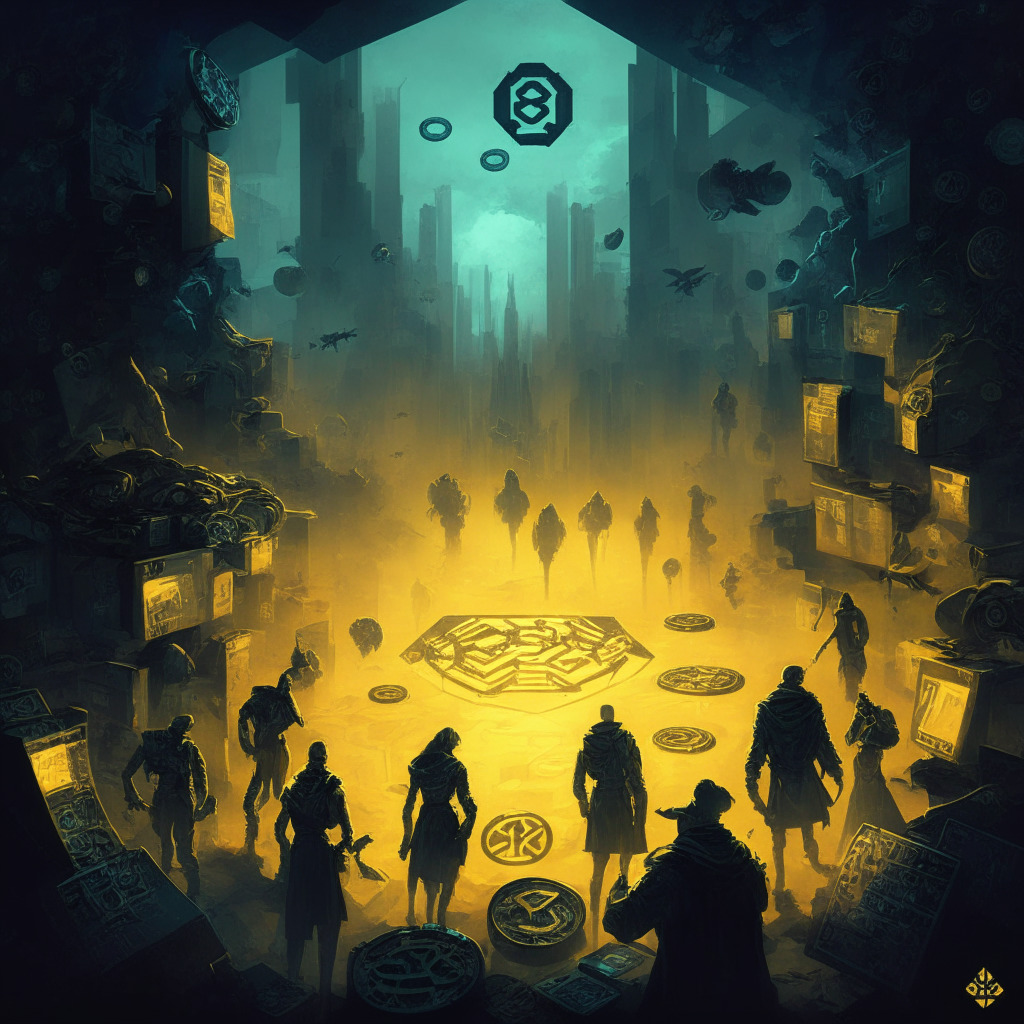 A dystopian cyber landscape portraying a crypto game universe, imbued with tones of alarm and caution. Hard shadows cast by authoritative figures loom over eager gamers, each clutching at vibrant, precious tokens. Above them, a dynamic, fluctuating market adds elements of uncertainty. Subtle hints of a golden opportunity glimmer in isolation, suggesting potential rewards. Ensure a dark, dramatic, and technology-infused style with a feeling of anticipation.