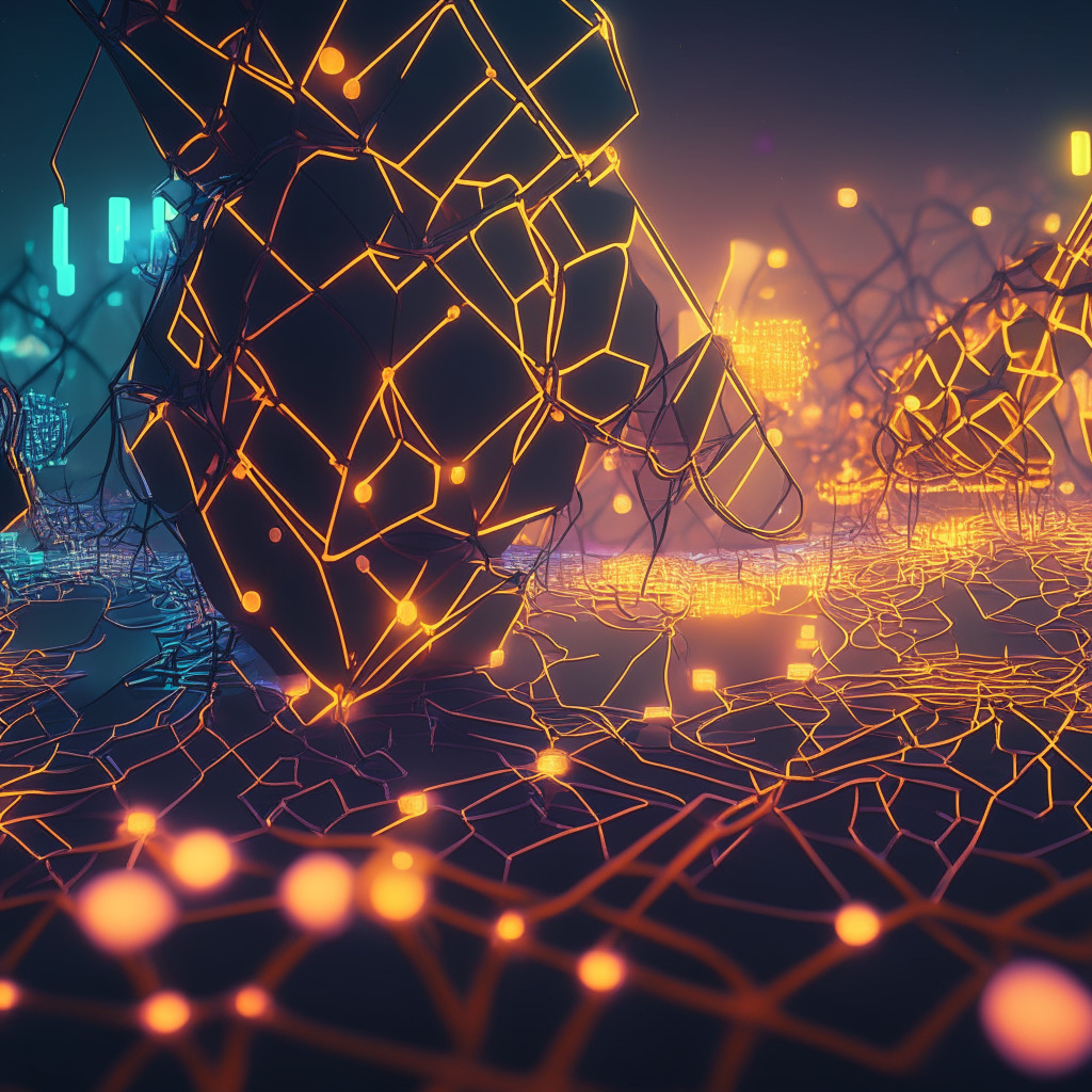 A vividly illuminated abstract cyberspace landscape, glowing nodes of interconnected chains representing Layer 2 networks, carved in low-poly art style. Atmosphere evokes a sense of pioneering spirit, hinting at the evolving technology. In the distance, a bridge, infused with the shimmer of zero-knowledge cryptography, leads to an unfinished construct symbolizing the 'Value Layer', a foreshadowing of an ambitious digital future yet to be realized. Dominant colors: Metallic tones offset by soft neon blues.