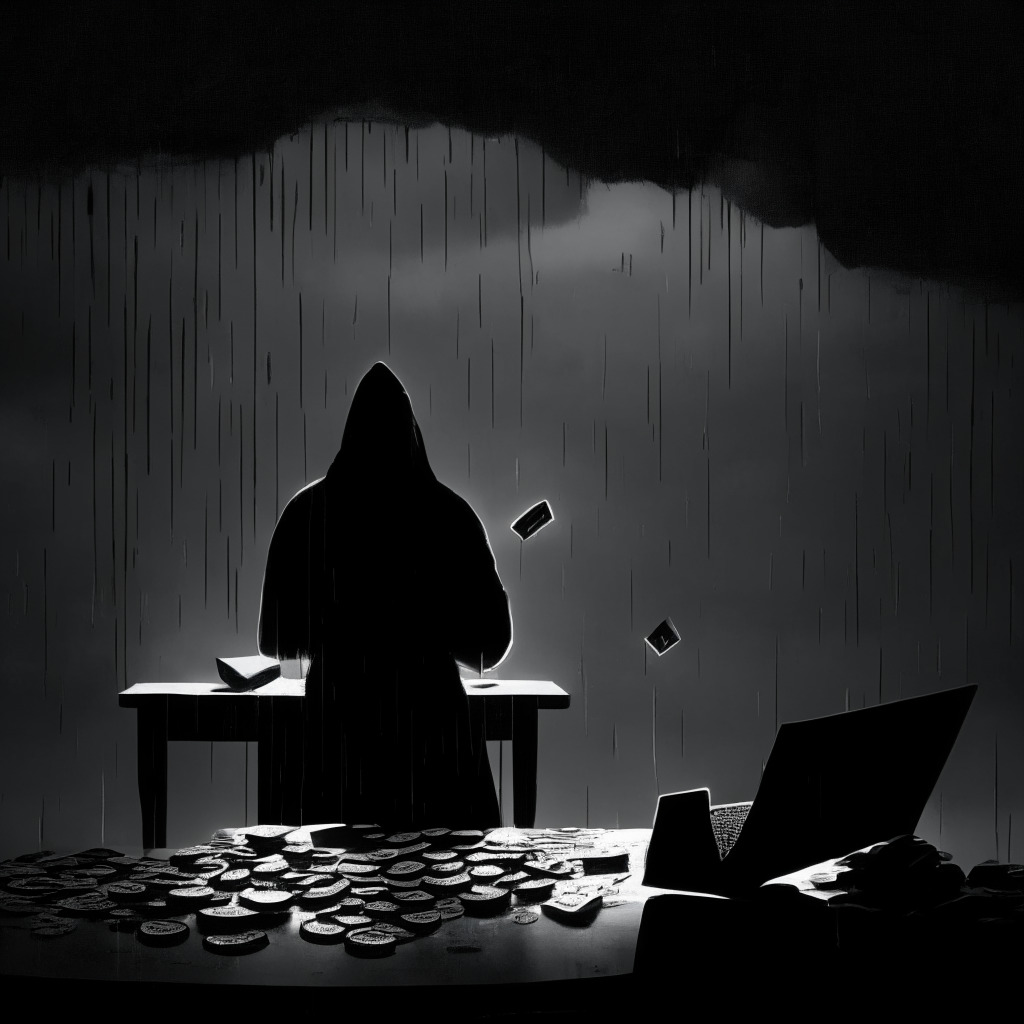 Shadowy scene of a capped, faceless figure in digital noir style hunched over a laptop, coins tumbling from the screen symbolizing the aftermath of FTX exchange closure. Background features tumultuous stormy skies, a phantom email envelope floating ominously. Render the mood sinister, under dim ghostly light that highlights the tension and uncertainty.