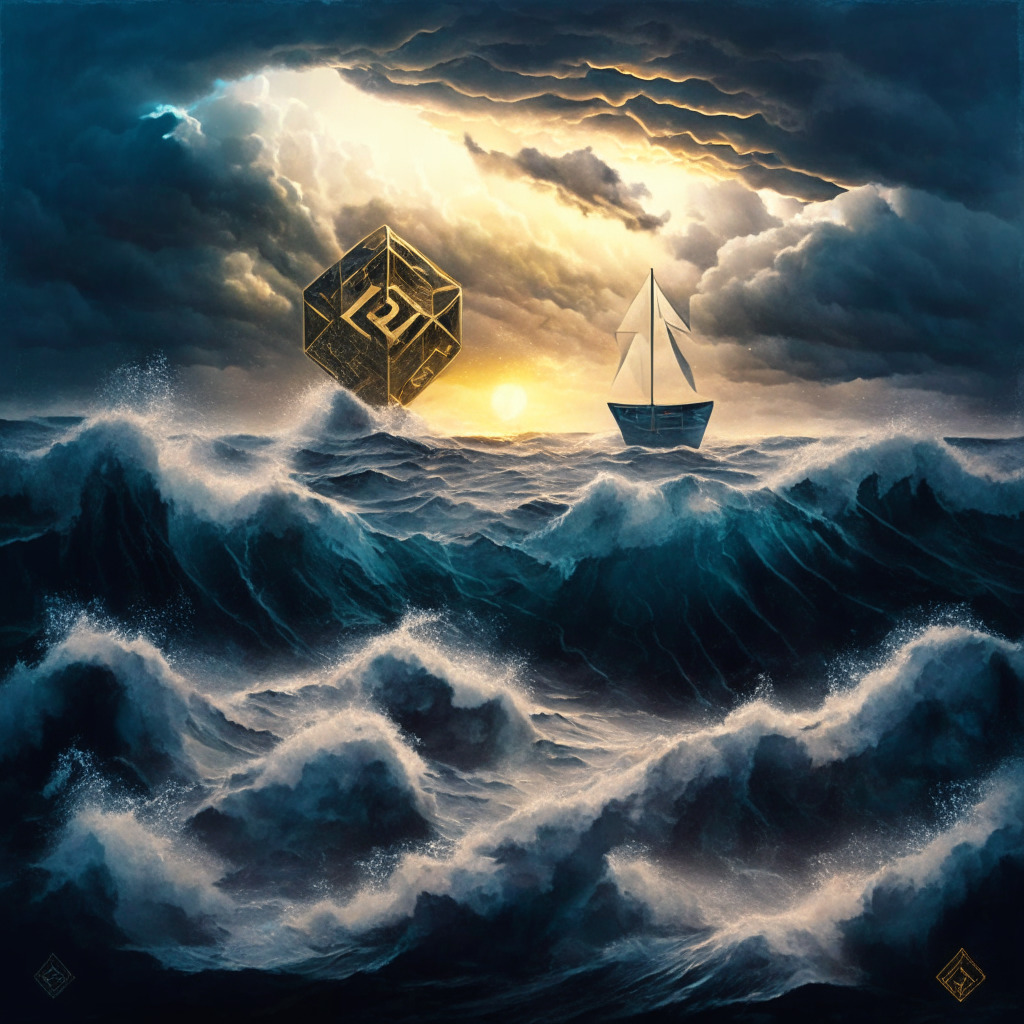 A tumultuous sea reflecting a stormy sky, the waves indicative of unstable cryptocurrency market. In the foreground, an imposing set of scales to symbolise justice, one side weighted down by a stylized, ethereal blockchain, the other holding a clear cube, representing transparency. The overall tone is unsettling but hopeful, as rays of golden sunrise pierce the dark sky.