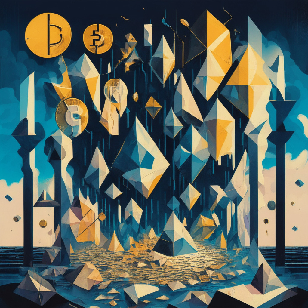 A surreal, abstract representation of the cryptocurrency market on the cusp of a decision, highlighting Bitcoins poised on a scale, reflecting potential wealth or loss. The image is bathed in twilight, symbolizing uncertain future, juxtaposed with ascending or descending arrows. Painted in cubist style to represent the fragmented, volatile nature of digital assets.