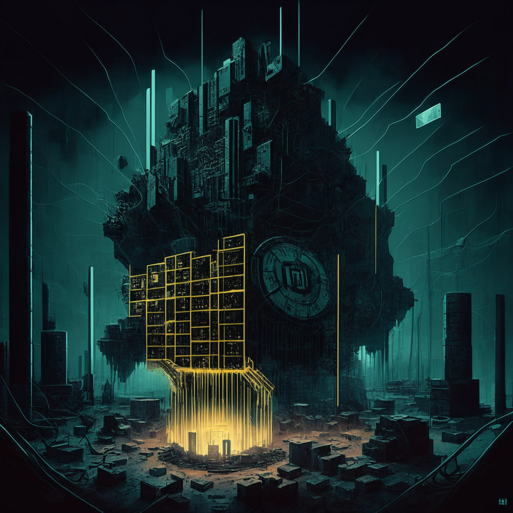 Dark, moody cyberpunk-style illustration of a financial power play in crypto world. Depict a complex structure reflecting the changing crypto landscape, where several entities eye the second-largest bitcoin miner. The mining facility, interspersed with transactional activities, struggles with impending bankruptcy, while others stake their claims. Radiate light illustrating the air-cooled Antminer model and depict Shards of equity and debts, highlighting elements of risks and possibilities.