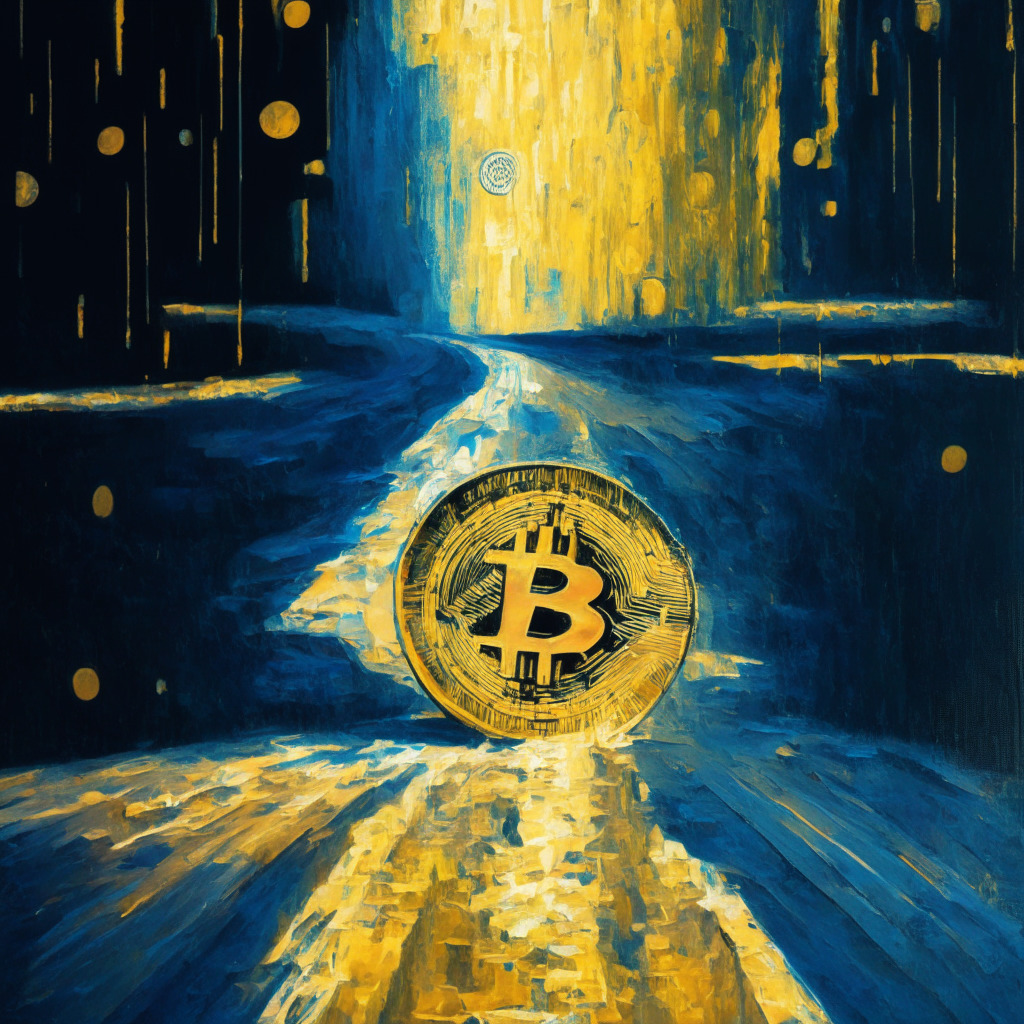 A bold, abstract impressionism style painting showing the concept of time ticking down, shimmering coin motifs in the motif of Bitcoins, a background of an ambiguous road signifying uncertainty. The lighting is dramatic, casting a vivid and tense shadow. Mood is suspenseful, on the verge of a paradigm shift.