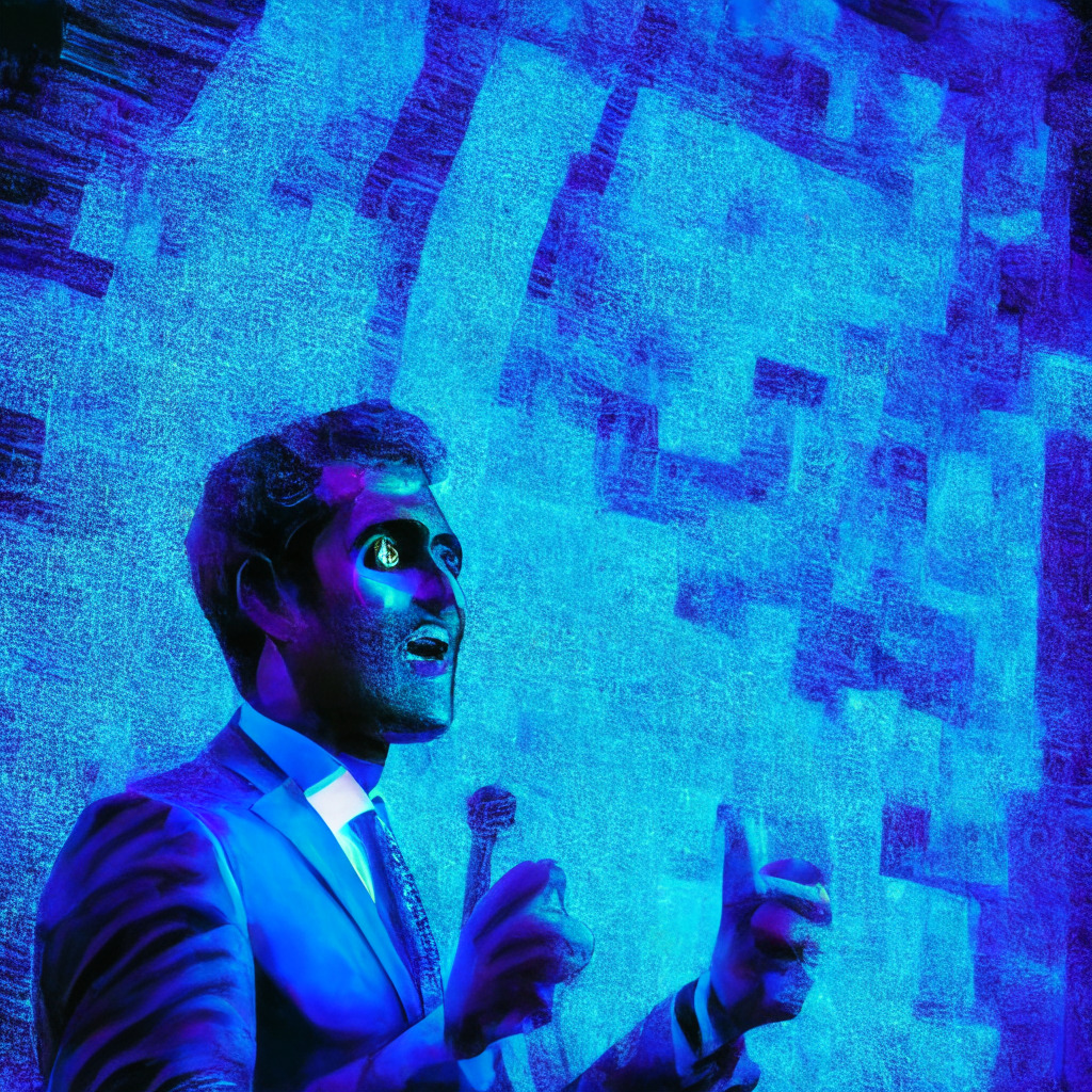 Vibrant image of Vivek Ramaswamy, an emerging Republican presidential candidate, conveying a pro-crypto speech at an atmospheric digital conference, dappled in blue hues signifying the revolution of digital finance. Feature a QR code shimmering with golden light, evocative of a new-age donation portal. Mid-ground, incorporate an abstract representation of an exclusive, celebratory NFT within a vivid scene of applauding crowd. Background subtly shadowed by looming specter of legal paperwork, setting a mood of impending challenge.