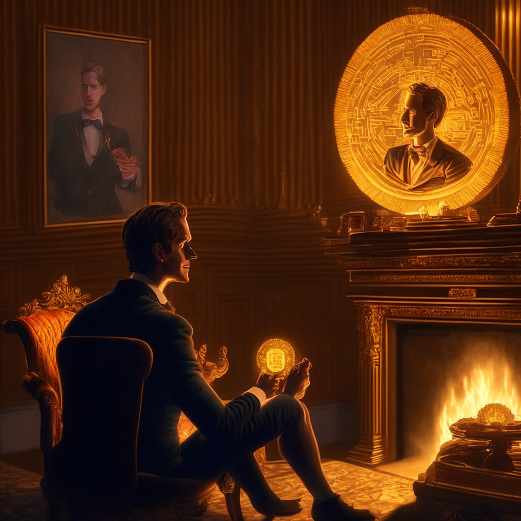 A 2024 presidential candidate sharing his thoughts on bitcoin in an intricate neo-classical study room. The room is softly lit by a cozy fireplace, creating a warm, optimistic mood. The candidate, refined and passionate, gestures thoughtfully to a holographic projection of a gold coin and a bitcoin, symbolizing debate on their value.