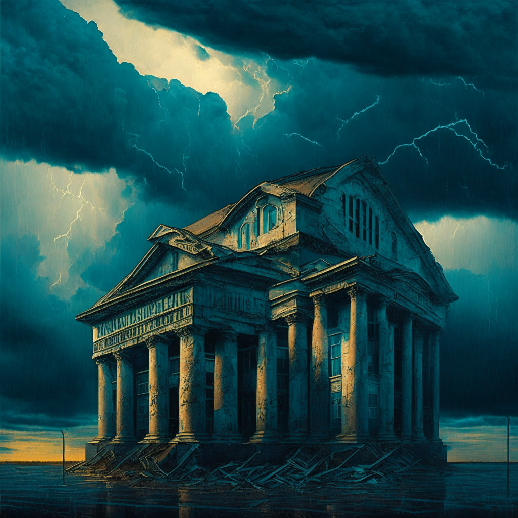 A crumbling financial institution at dusk, under a stormy, expressive Van Gogh-esque sky. The edifice symbolizes the digital assets custodian Prime Trust, glowing faintly in bankruptcy's shadow. From the storm clouds, hints of the emerging crypto industry emerge. The overall mood is pensive, uncertain, yet suffused with potential.