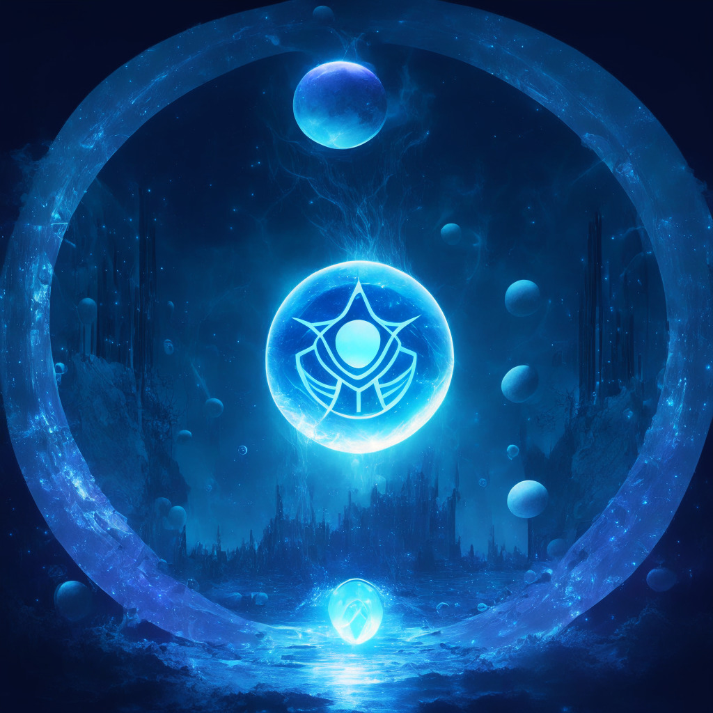 Epoch of Cryptocurrency, moonlit atmosphere, hazy orbs representing rising altcoins, highlighted by a larger glowing orb symbolizing RUNE's significant growth. Upcoming altcoins in the backdrop tangibly manifests competition. Artistic representation of a dynamic, fluid market with blue ethereal hues, projecting suspense, uncertainty, and the volatile nature of crypto trade.