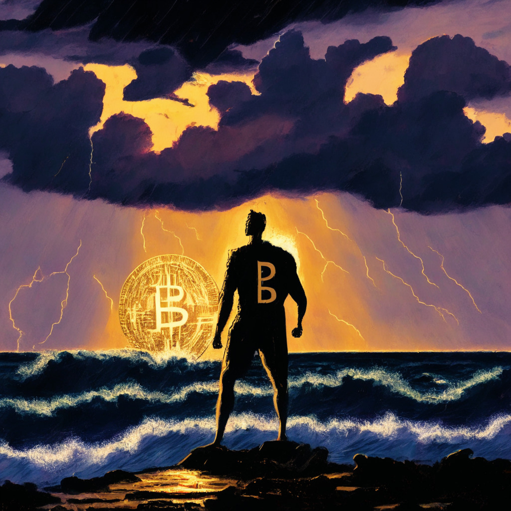Sunset over Florida's coastline, Republican presidential hopeful, portrayed as a determined figure, standing firm against a storm representing the 'War on Crypto'. Background: Dark clouds morphing into SEC Regulations with flashes of lightning. Foreground: Silhouettes of Bitcoin, Ethereum, and other digital currencies standing tall. Mood: Resilient, defiant. Artistic Style: Impressionist.