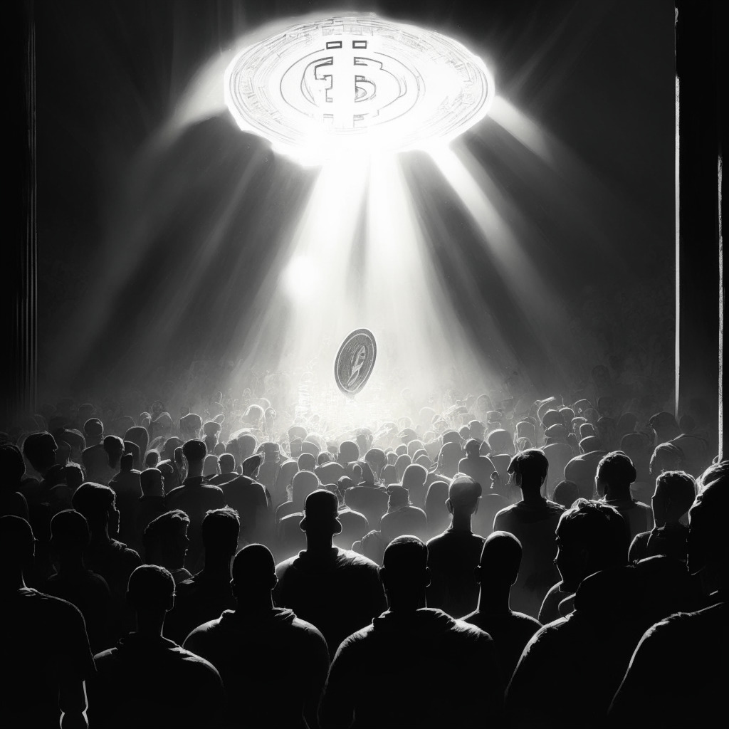 A faded-black-and-white representation of a cryptocurrency exchange with an ominous atmosphere, a large scale with a glowing golden cryptocurrency token ominously tipping above a crowd on one side and an empty space on the other, showcasing the imbalance of technological advancement vs. market skepticism. Moderate light enhancing shadows and textures, a dramatic contrast between light and dark areas interprets the mood of cautious optimism mixed with suspicion. Aetheric guise to symbolize the uncertain future of the Patricia Token.