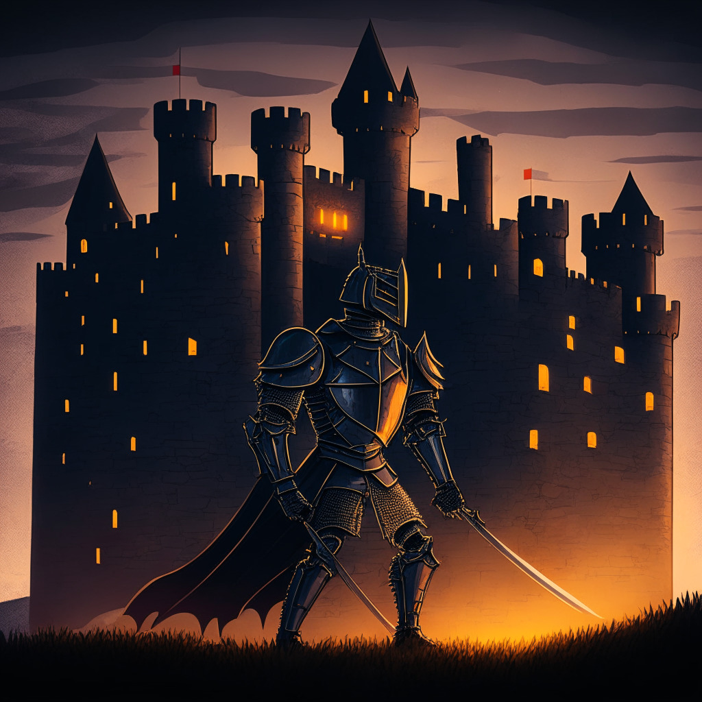 Detailed digital artwork of an armored knight, symbolizing Quantstamp's Economic Exploit Analysis tool, defending a castle representing DeFi protocols under sunset lighting. Key elements are field of DeFi tokens, and castle walls made of smart contract papers, threatened by shadowy, monstrous figures, embodying flash loan attacks. Please use a chiaroscuro style to convey the mood of high stakes and tension.