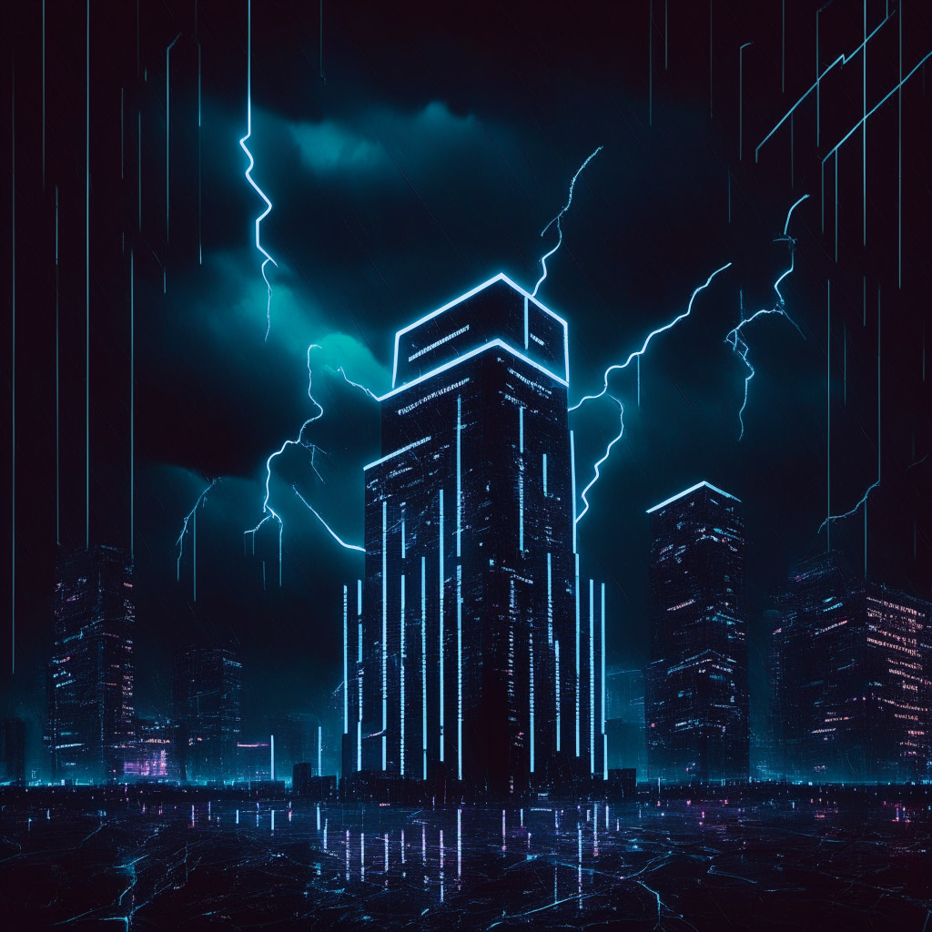 A dark, dystopian digital world, skyscrapers symbolizing a blockchain, lit with intricate neon lines that signify secure pathways. A looming storm represents imminent threat, light flashes symbolize 'flash loan attacks'. On the ground, a futuristic service hub represents Quantstamp's Economic Exploit Analysis, glowing with protective light, analyzing and adapting. Mood conveys a calculated urgency, enthused with sprigs of hope for a secure future in DeFi era.