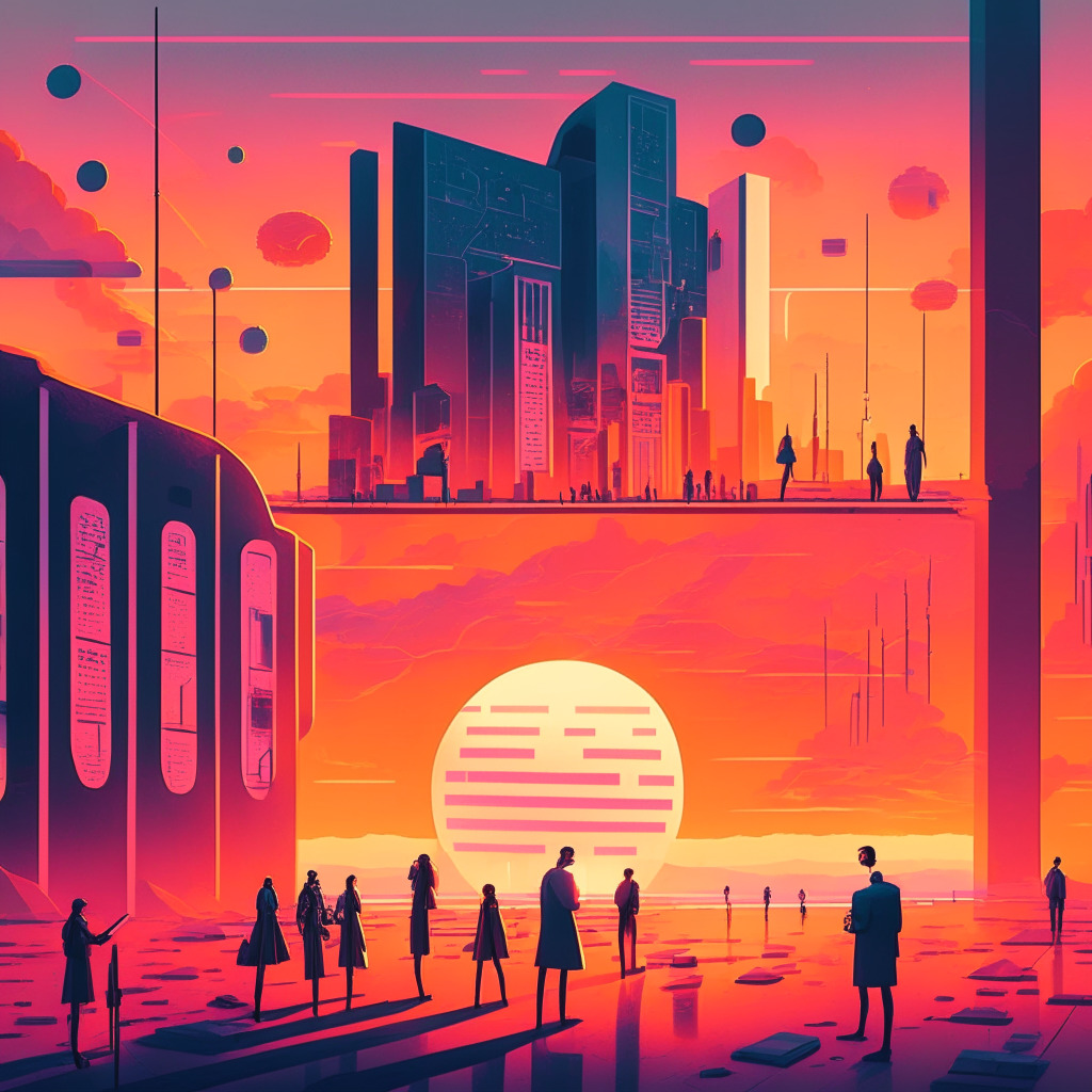 A high-tech fiscal landscape bathed in the soft glow of predictive sunset colors, AI and human figures conversing against a backdrop of digital communication symbols and stylized bank architecture, embodying accessibility, innovation, but also a sense of unease.