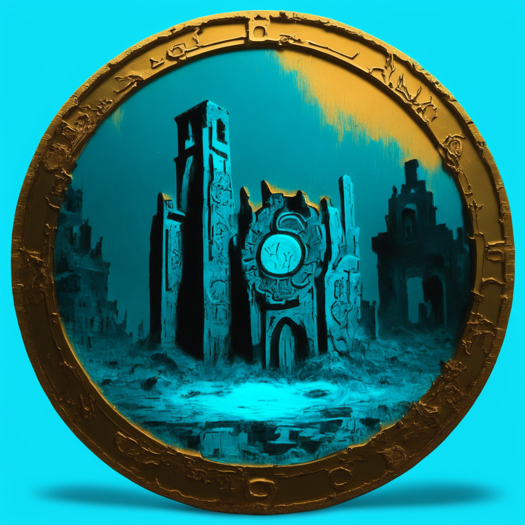 Stark contrast of an ethereal, animated coin signifying RUIN bathed in warm gold and rich turquoise light, symbolizing its surge and reliability, conversely, a radiant but whimsical meme coin glowing in cool blue light signifies WSM, showing community excitement, Neo-futurism style, with an electrifying yet risky background to depict the volatile crypto market atmosphere.