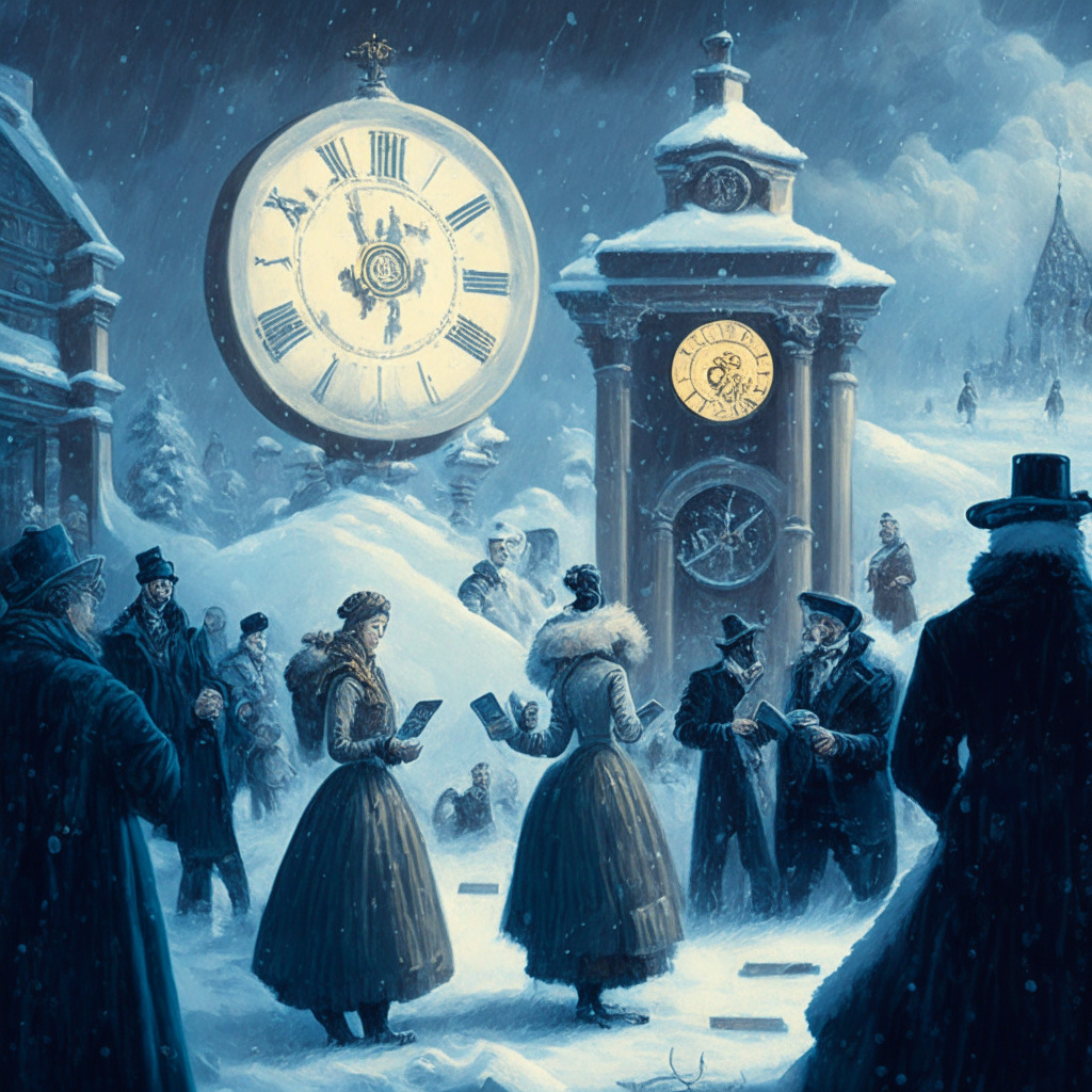 A Victorian-style painting depicting an online payment platform freezing amidst a snowstorm, symbolizing a halt to cryptocurrency sales due to regulations. A group of classical figures in the foreground discuss these new crypto rules, while a large, intricately designed clock strikes October 1st to signify the start of the freeze. The mood is anticipatory yet serene, with soft, diffused golden light enveloping the scene.