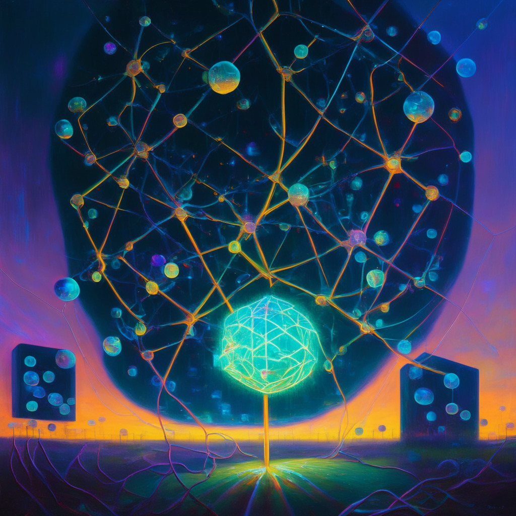 Surreal oil painting style, abstract blockchain visually orchestrated as interconnected glowing nodes, symbolic of Web3, bathed in neon accents to depict the exciting potential growth. Central node represents an Embedded Quest, symbol of user engagement innovation. Under a soft, layered, transitioning twilight setting to evoke the feeling of expansion and growth, the whole scene radiates an optimistic, futuristic mood.