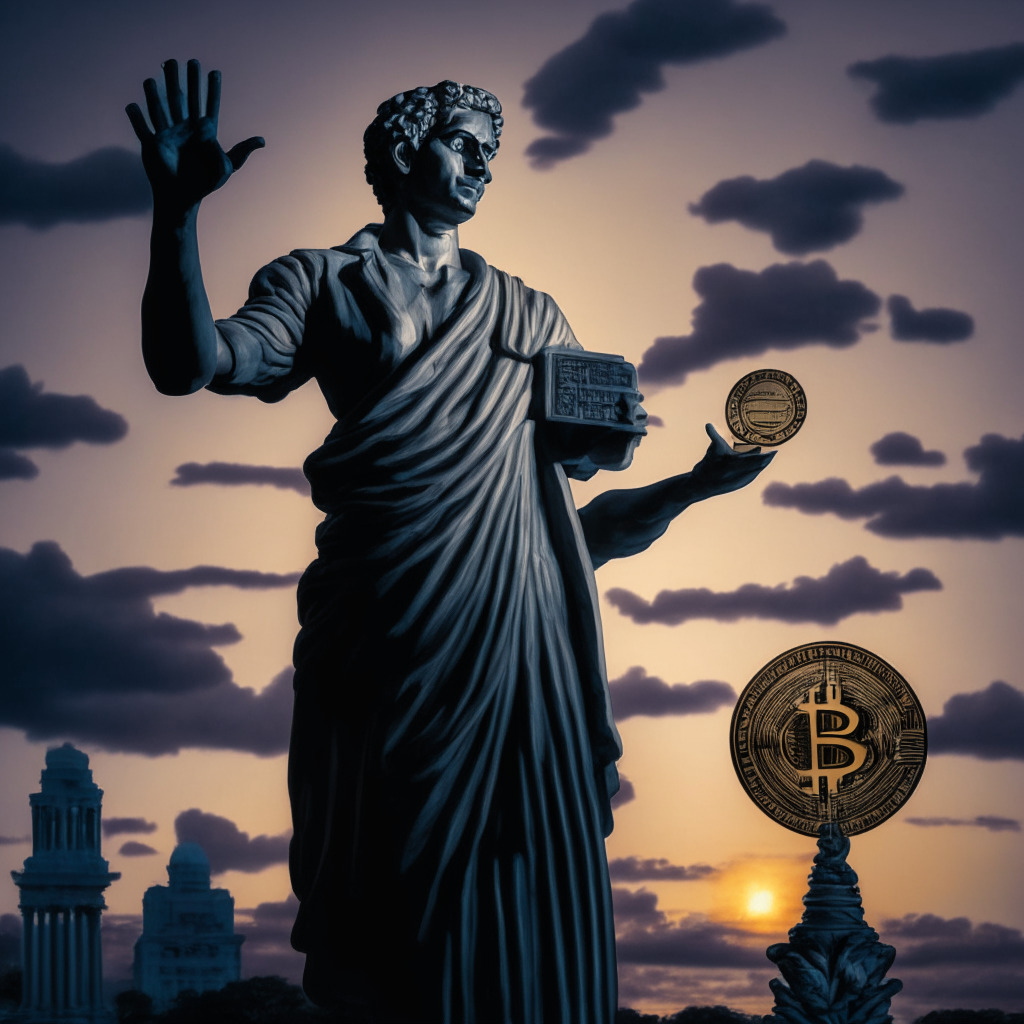 A symbolic sculpture of Vivek Ramaswamy holding a Bitcoin in his hand, standing against a dusk skyline showing a mix of classical and modern architecture, representing both old regulatory systems and new cryptocurrency innovations. Scene in a Rembrandt-esque chiaroscuro style, adding dramatic gravity and suspense to the uncertainties in the American legal landscape. The mood is cautiously optimistic, yet filled with potential and energy.