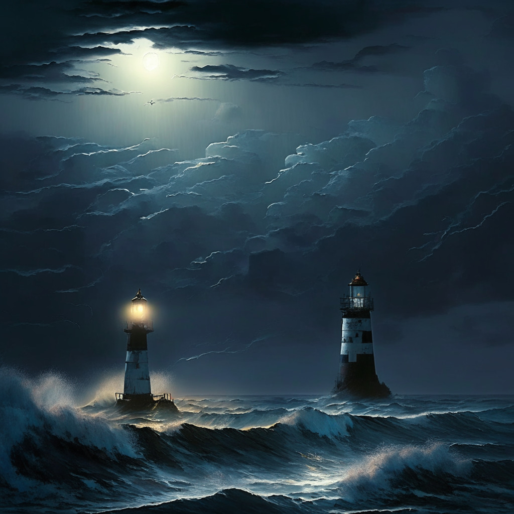 A dramatic digital seascape at dusk, where a mighty ship named Solana embarks on a journey after weathering a storm in choppy waters. Pale moonlight illuminates the scene, casting long shadows and hinting at the quiet hope of recovery. In the distance, two lighthouses blink, embodying key indicators of a promising future. On the horizon, storm clouds part to reveal a gilded $50 and $100 mark, a depiction of market predictions. The mood is somber yet hopeful, painted in the style of romantic realism.
