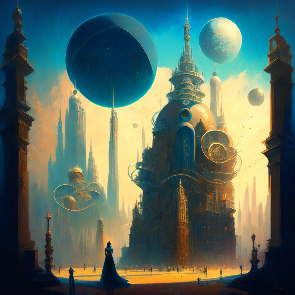 A vividly imaginative scene in oil-painting style, filled with symbolism. In the centre, a warmly-lit Renaissance-styled cityscape, with towering structures of technology and grand domes representing decentralized finance. At the edges, shadows fade into modern digital elements signifying Web3. Figures, half-human, half-software, coexist harmoniously, engrossed in tasks. Above, swirling clouds transform into blockchains and neural networks, casting a hopeful, ambitious sky.